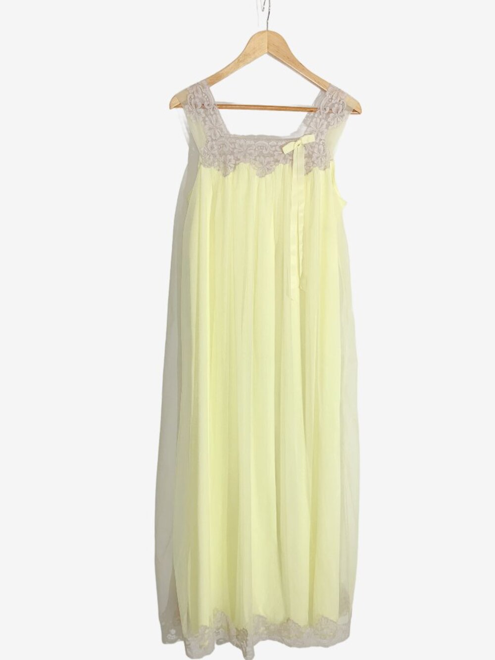 Vintage French Maid Pale Yellow Chiffon Nightgown with Lace Trim / size Medium